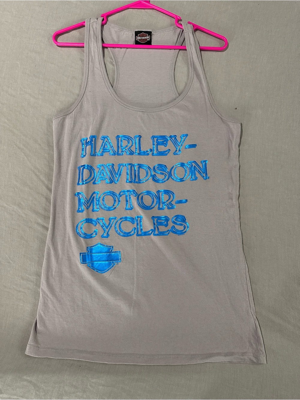 Harley-Davidson Light Gray Tank with Bright Blue Logo